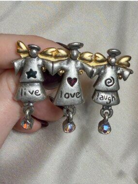 AJMC Vintage Angel Brooch Live Love Laugh Dangle Rhinestone 2.2"